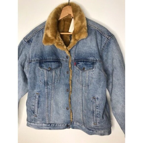 Levis Women Kara Jacket Blue Faux Fur Lined Pockets 100% Cotton‎ Vintage Sz L - Picture 3 of 9